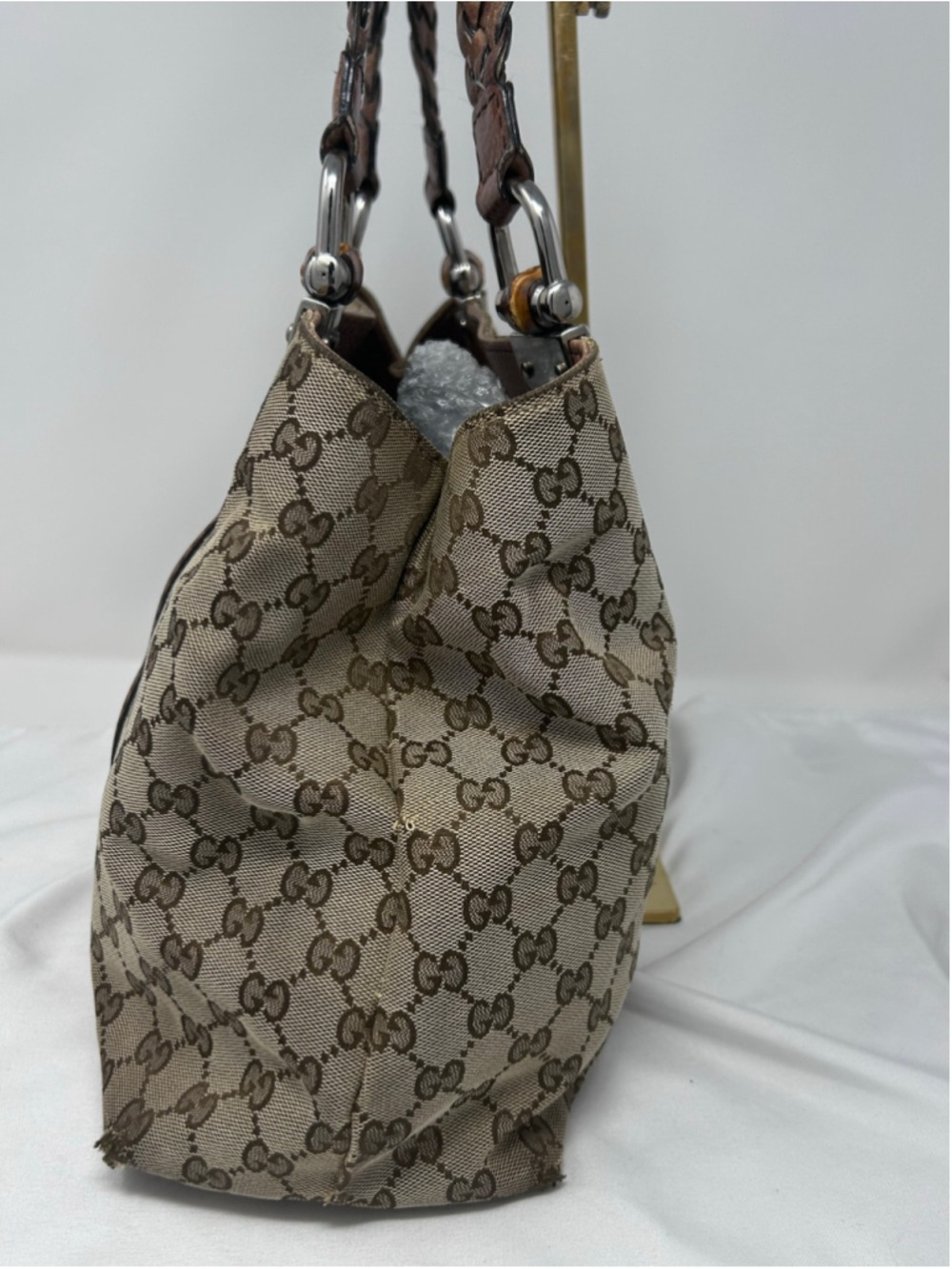Gucci GG Canvas Bamboo Bar Tote Beige Monogram Shoulder Bag Leather - Picture 6 of 16